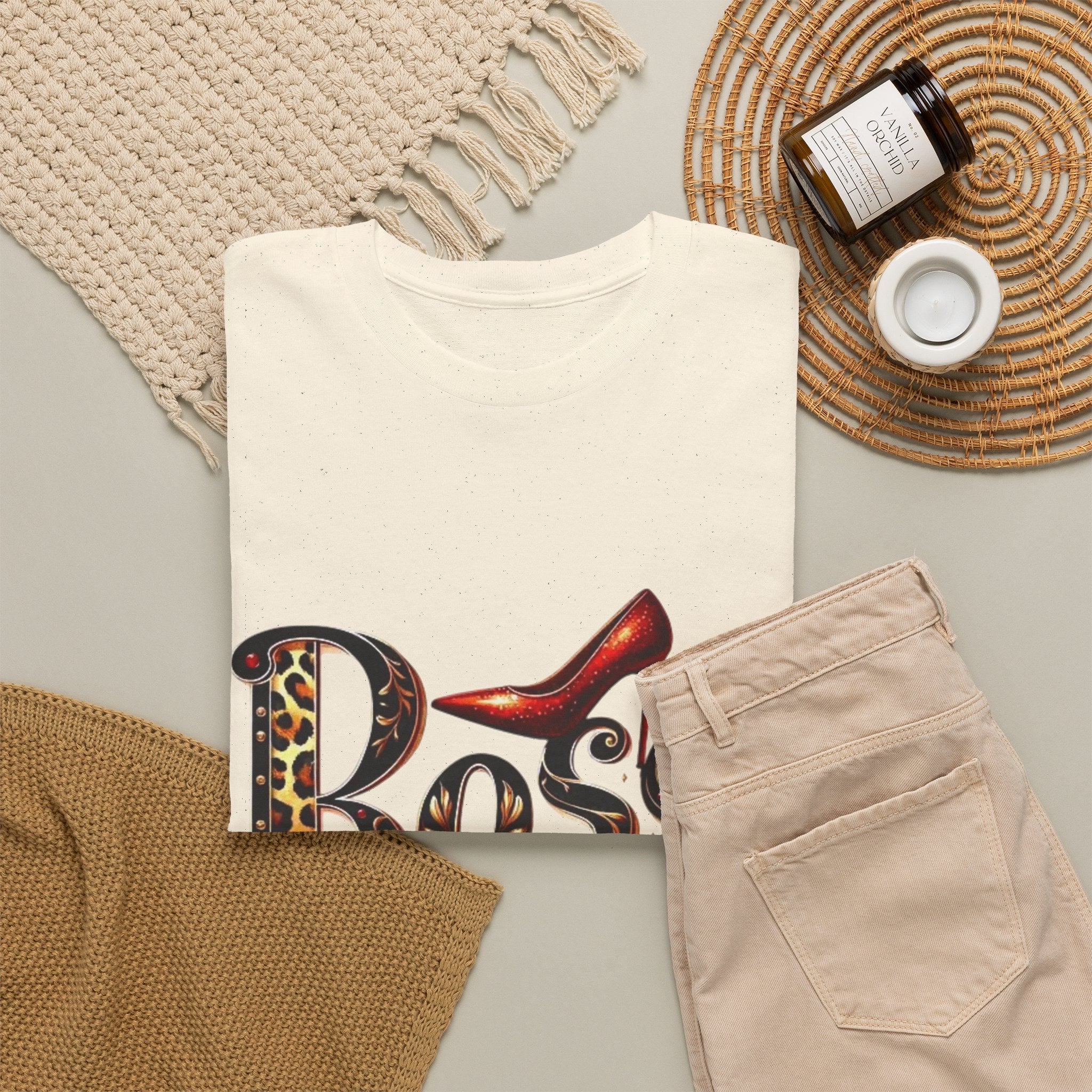 Boss Lady graphic Tee | Leopard print script, red stiletto, lips