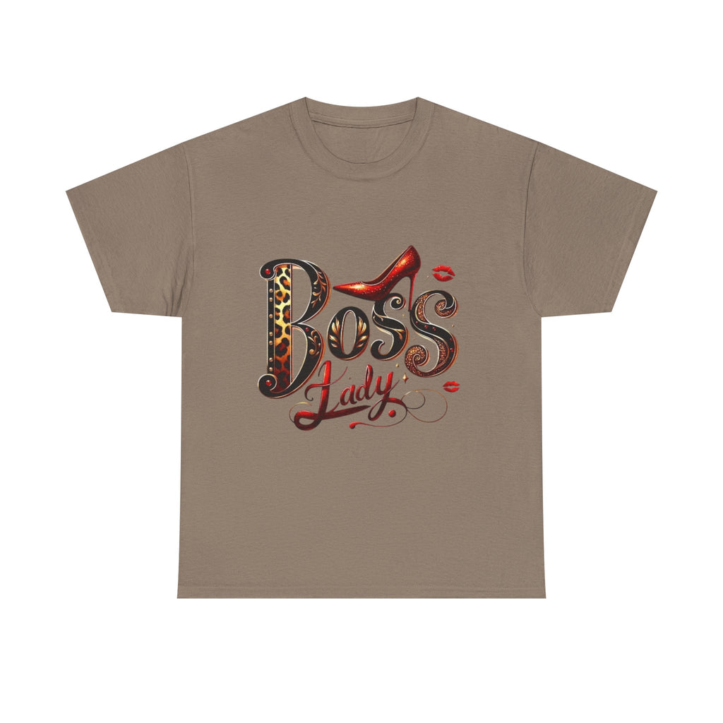 Boss Lady graphic Tee | Leopard print script, red stiletto, lips