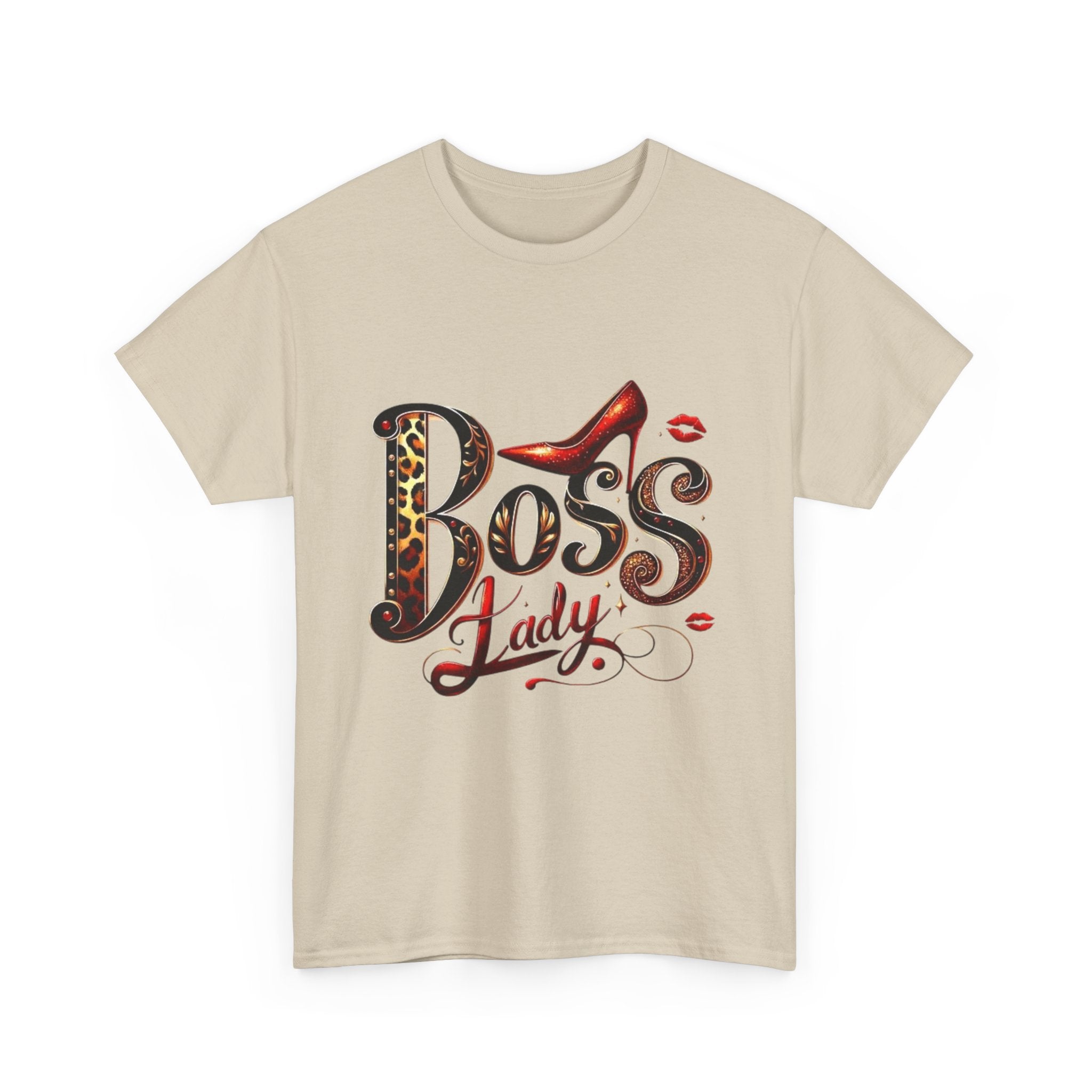 Boss Lady graphic Tee | Leopard print script, red stiletto, lips