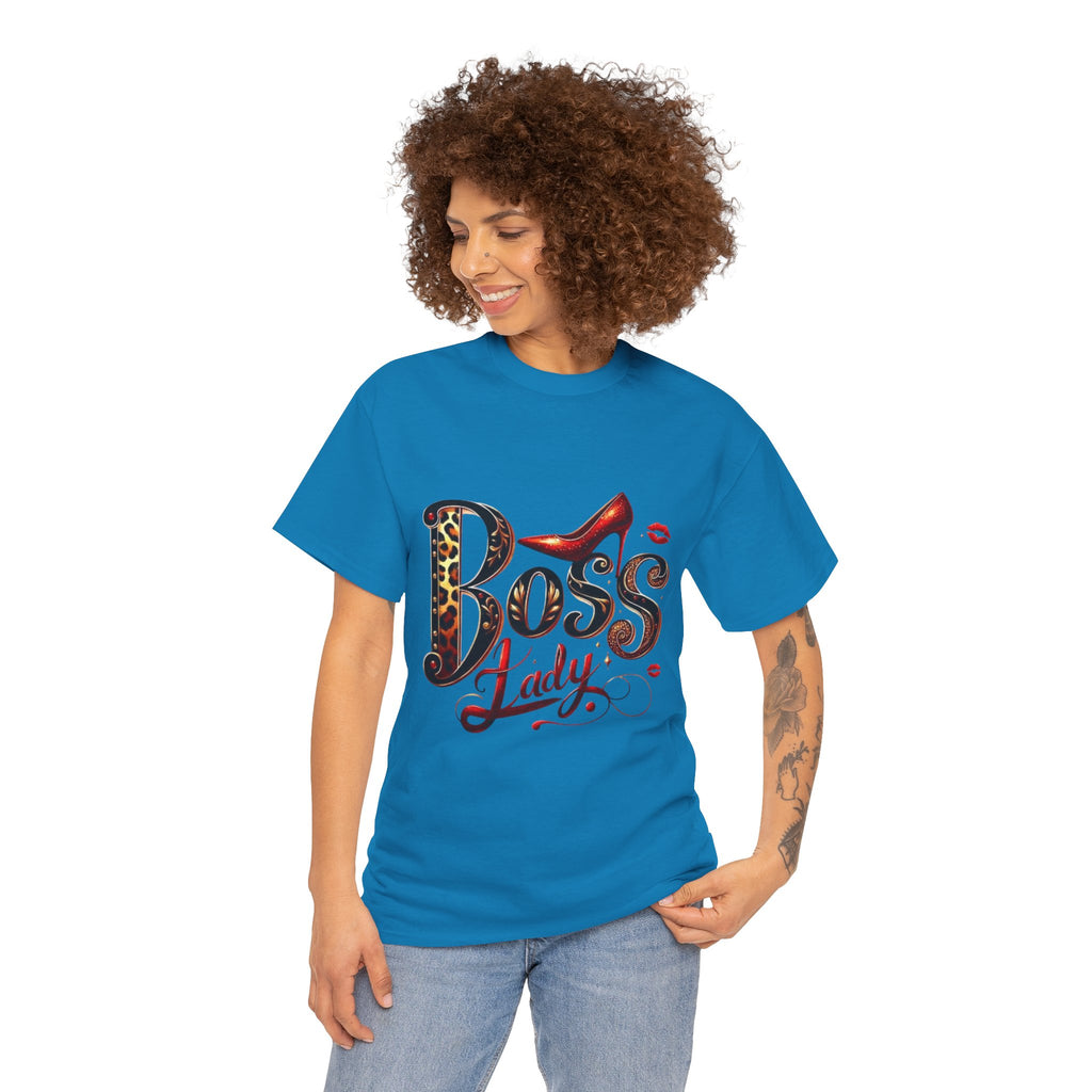 Boss Lady graphic Tee | Leopard print script, red stiletto, lips