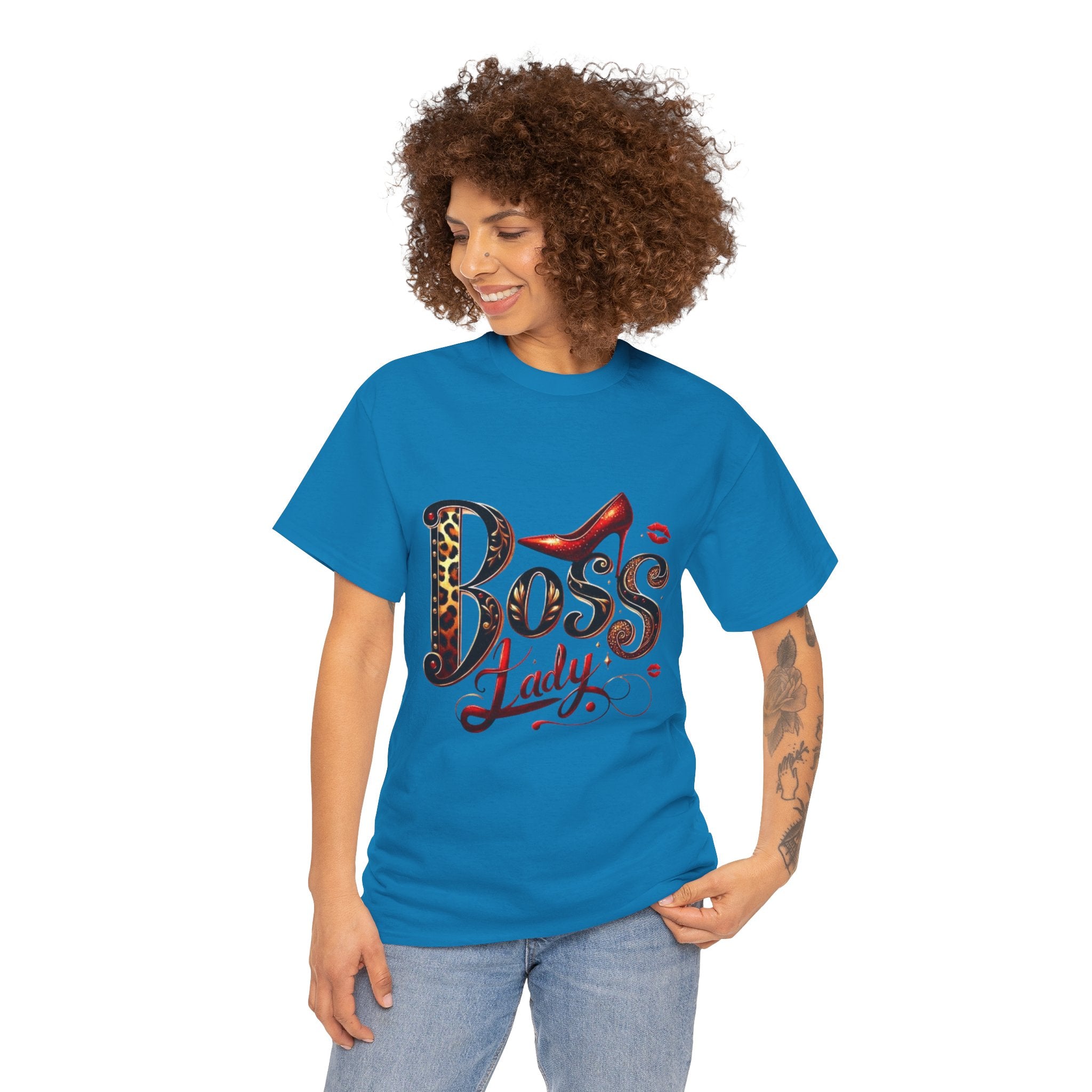 Boss Lady graphic Tee | Leopard print script, red stiletto, lips