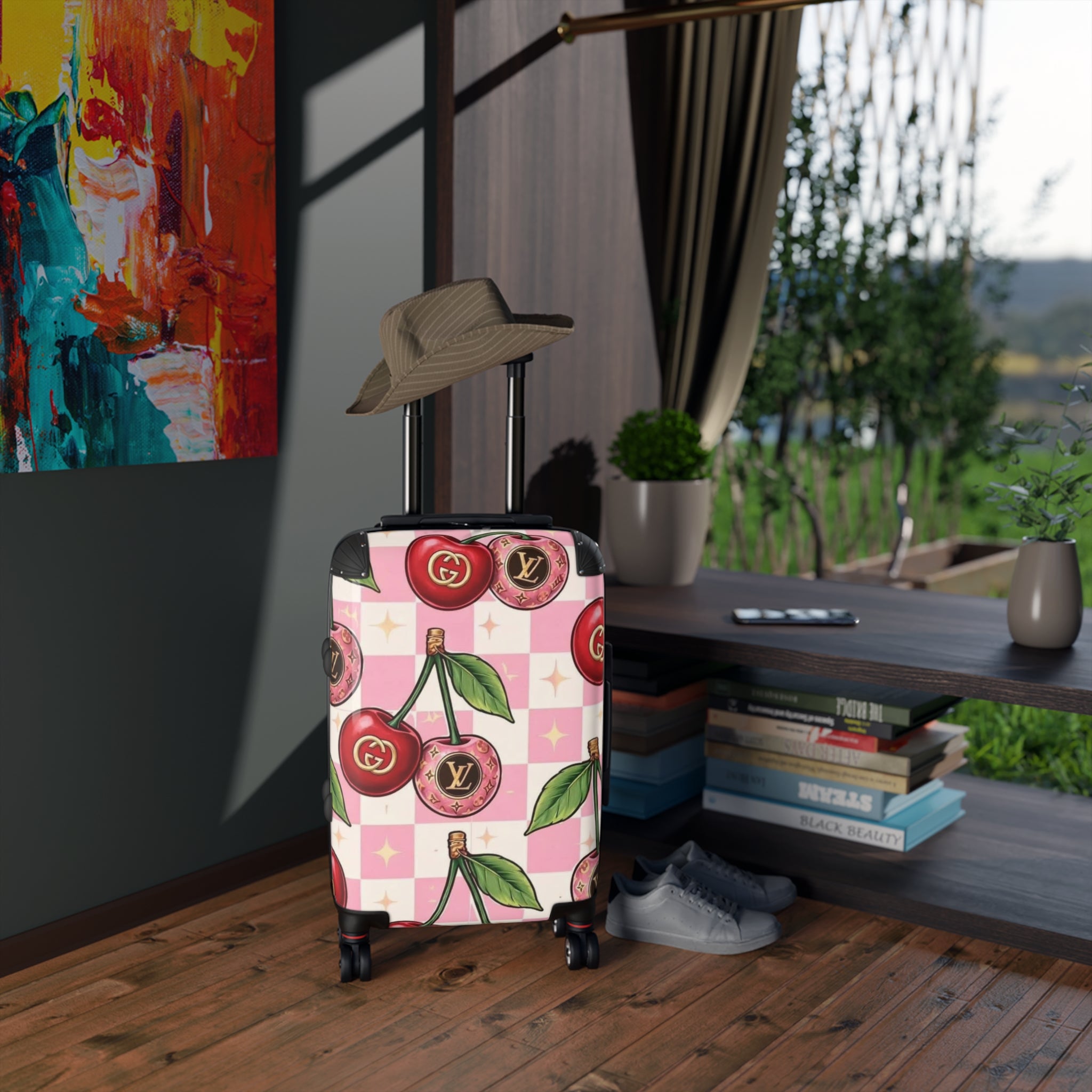 Cherry Logo Carry-On Suitcase – Pink Checker Luggage with Designer-Inspired Cherries