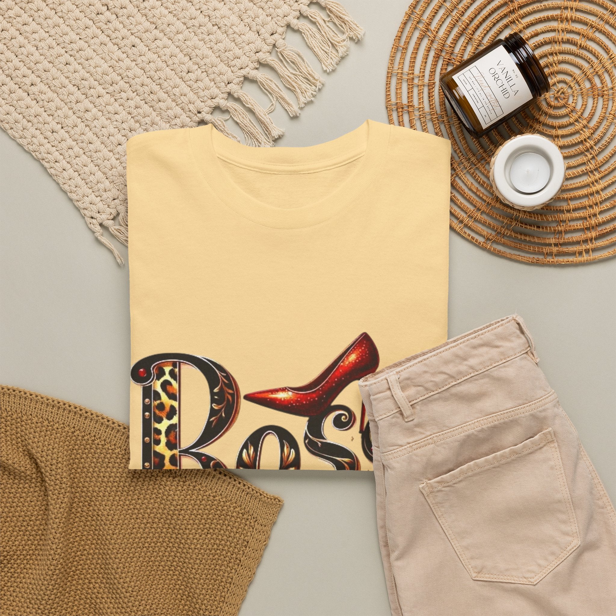 Boss Lady graphic Tee | Leopard print script, red stiletto, lips
