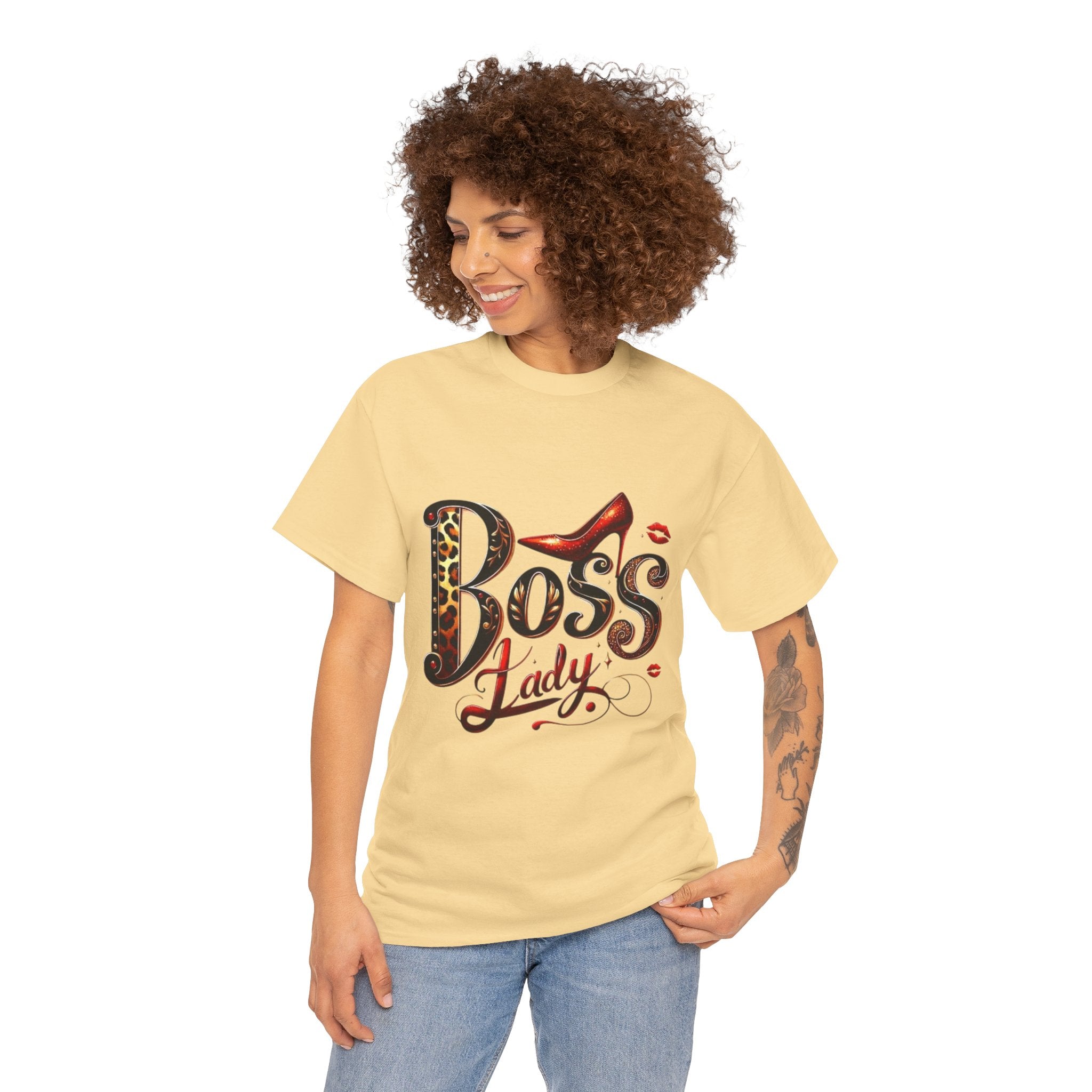 Boss Lady graphic Tee | Leopard print script, red stiletto, lips