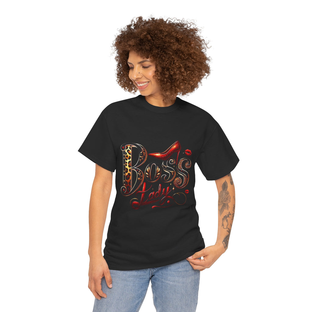 Boss Lady graphic Tee | Leopard print script, red stiletto, lips