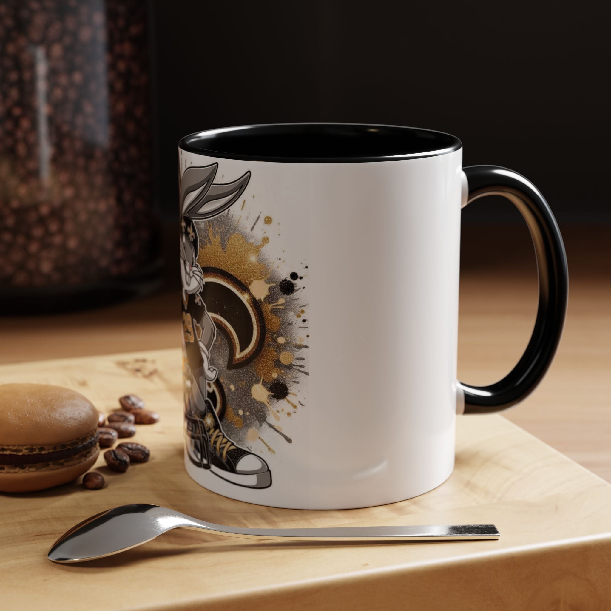 Football Bunny Fan Coffee Mug — Black & Gold Accent 11/15oz