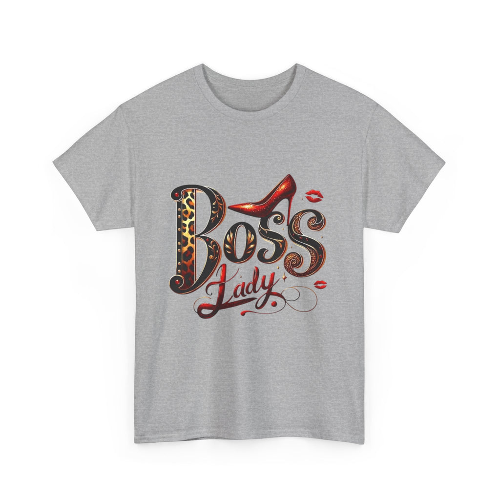 Boss Lady graphic Tee | Leopard print script, red stiletto, lips