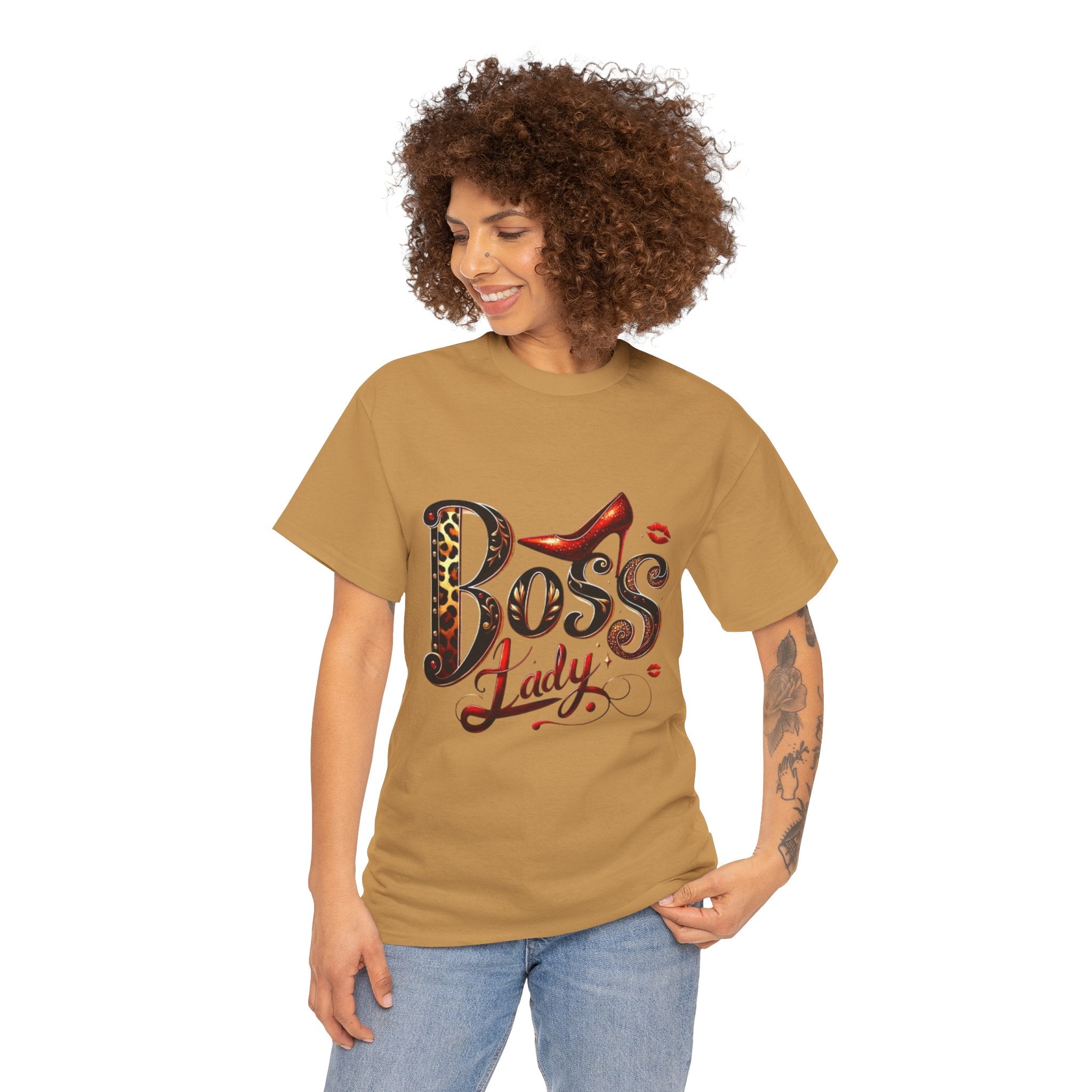 Boss Lady graphic Tee | Leopard print script, red stiletto, lips