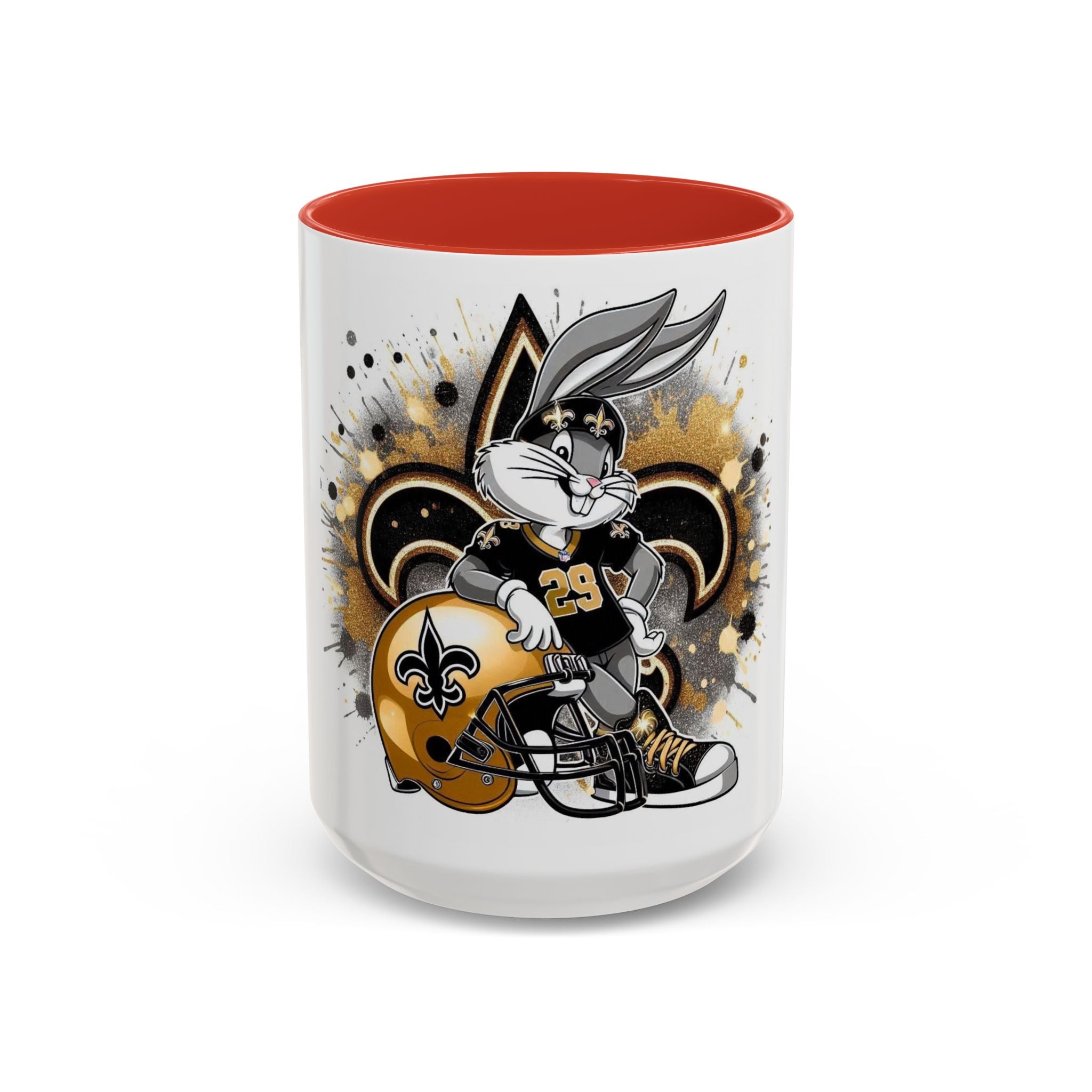 Football Bunny Fan Coffee Mug — Black & Gold Accent 11/15oz