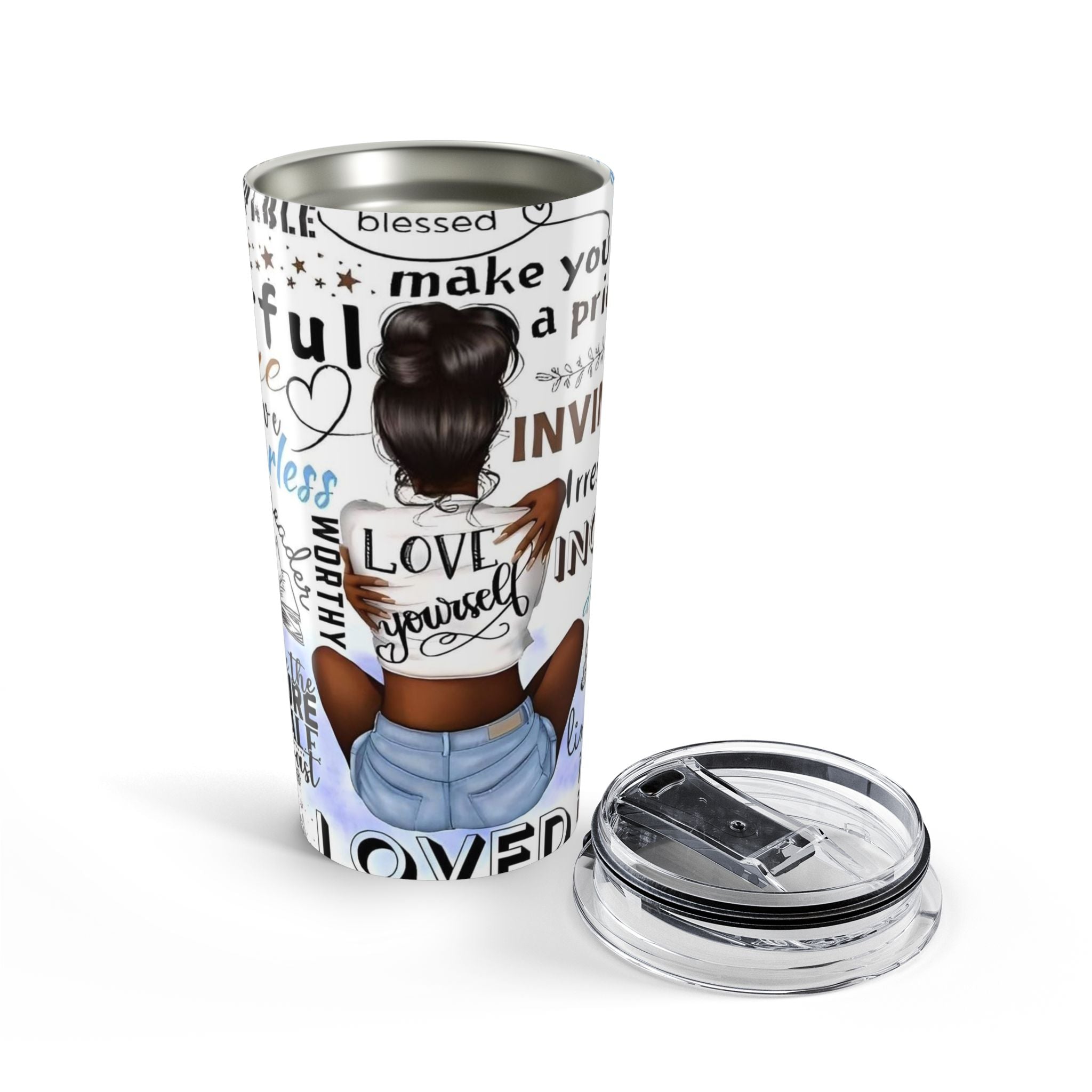 20oz Inspirational Afro Woman Tumbler — Love Yourself Motivational Travel Cup