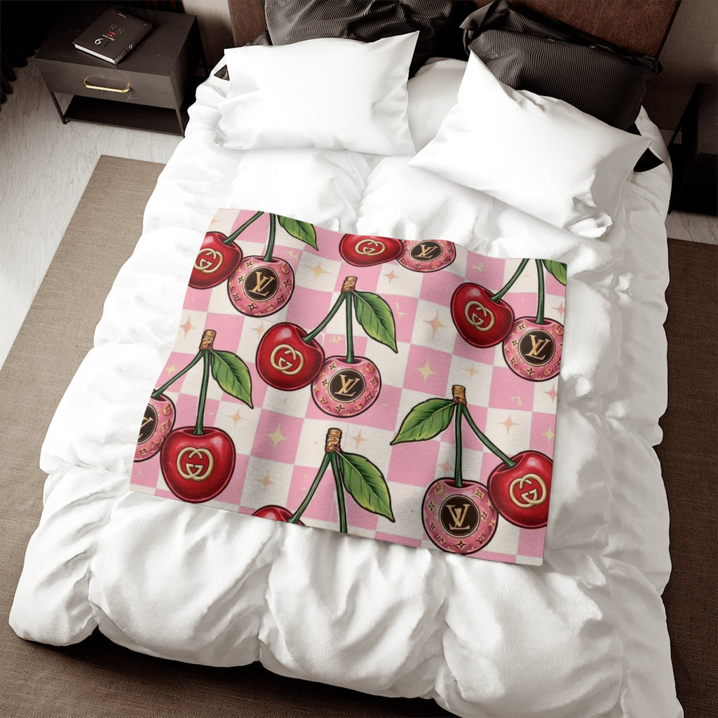 Cherry Luxe Blanket — Pink Checkerboard Cherry Pattern Cozy Throw
