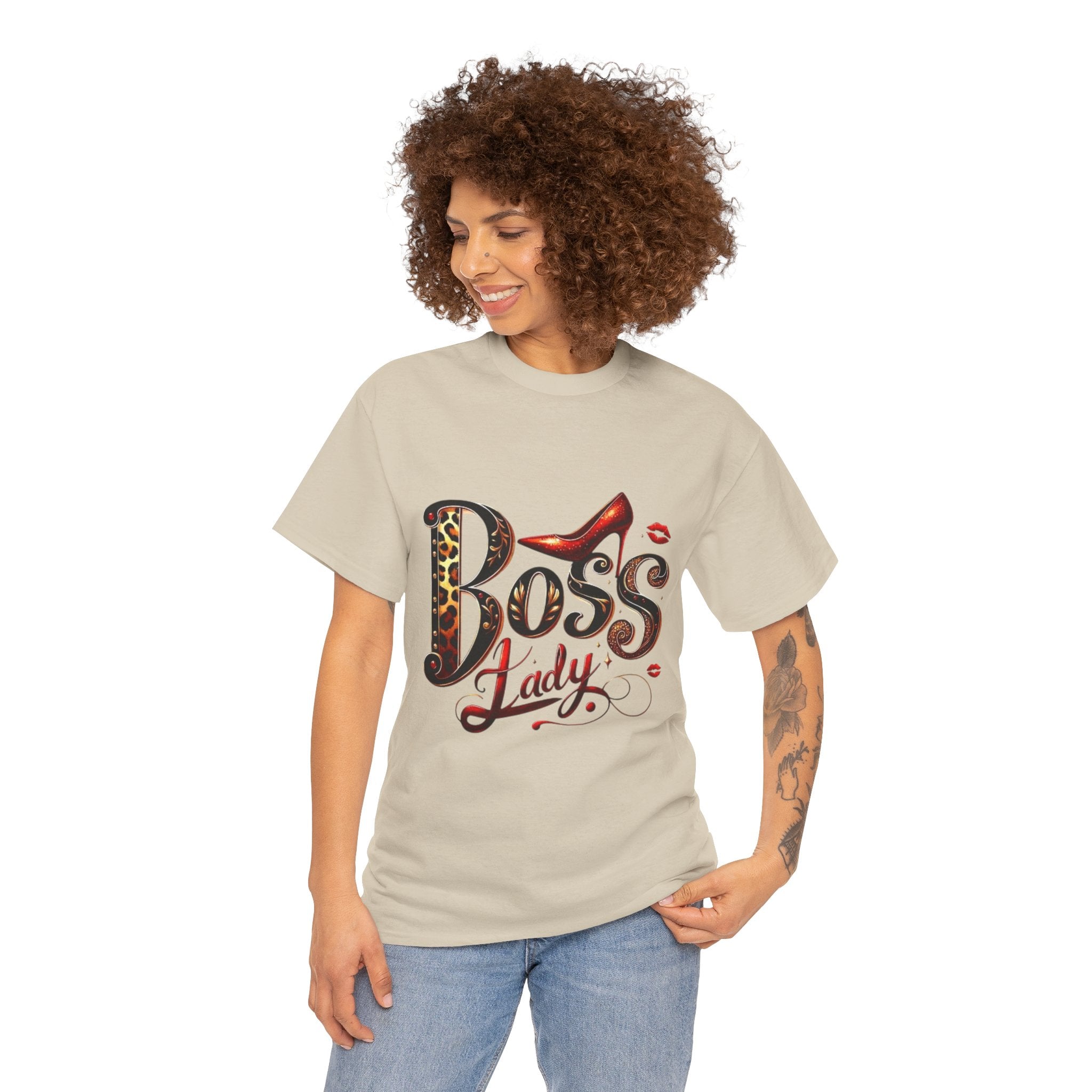 Boss Lady graphic Tee | Leopard print script, red stiletto, lips