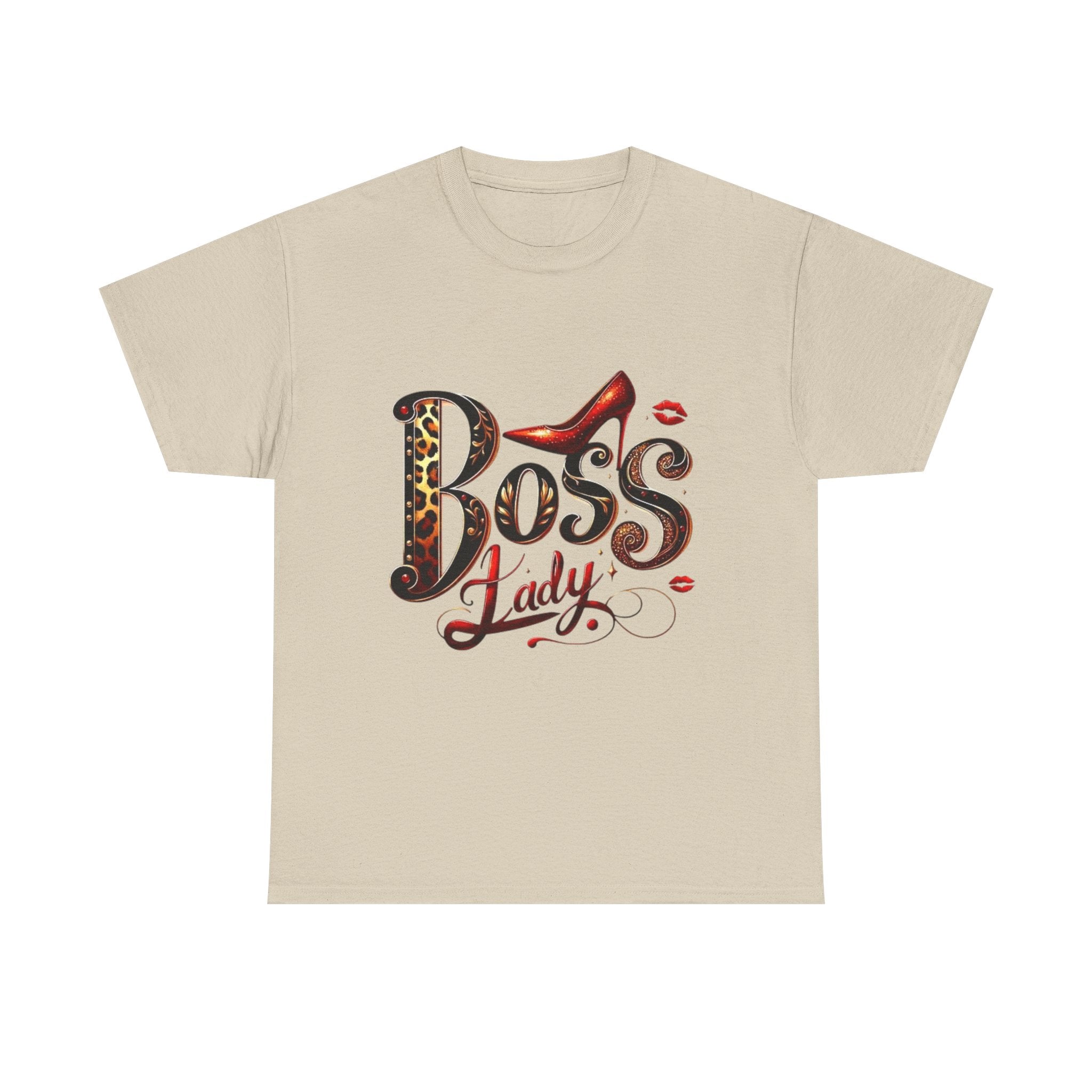 Boss Lady graphic Tee | Leopard print script, red stiletto, lips
