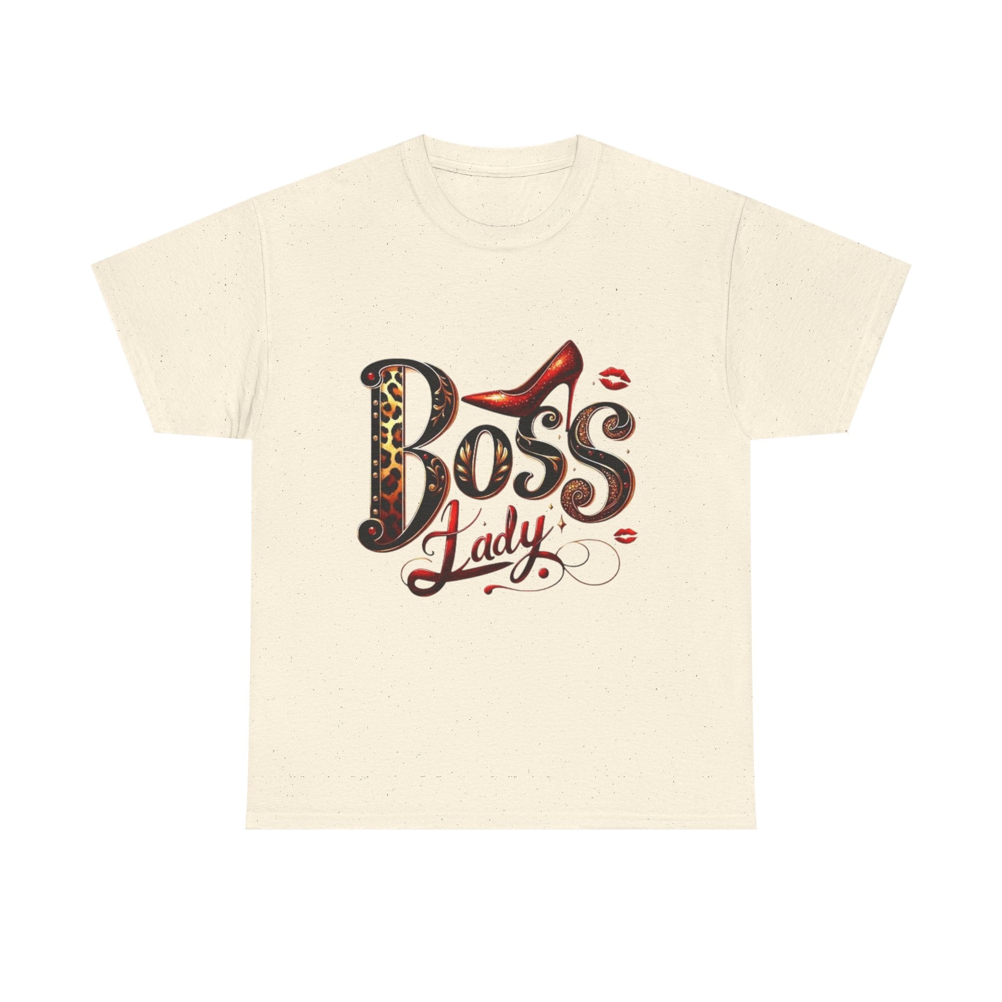 Boss Lady graphic Tee | Leopard print script, red stiletto, lips