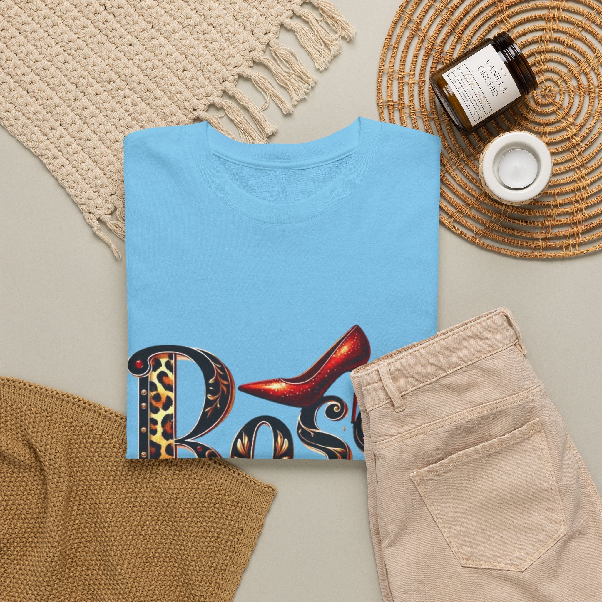 Boss Lady graphic Tee | Leopard print script, red stiletto, lips