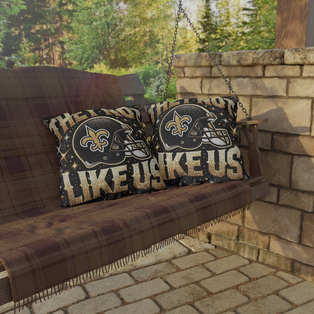 New Orleans Saints Decorative Outdoor Pillow — "They're Not Like Us" Football Helmet Design