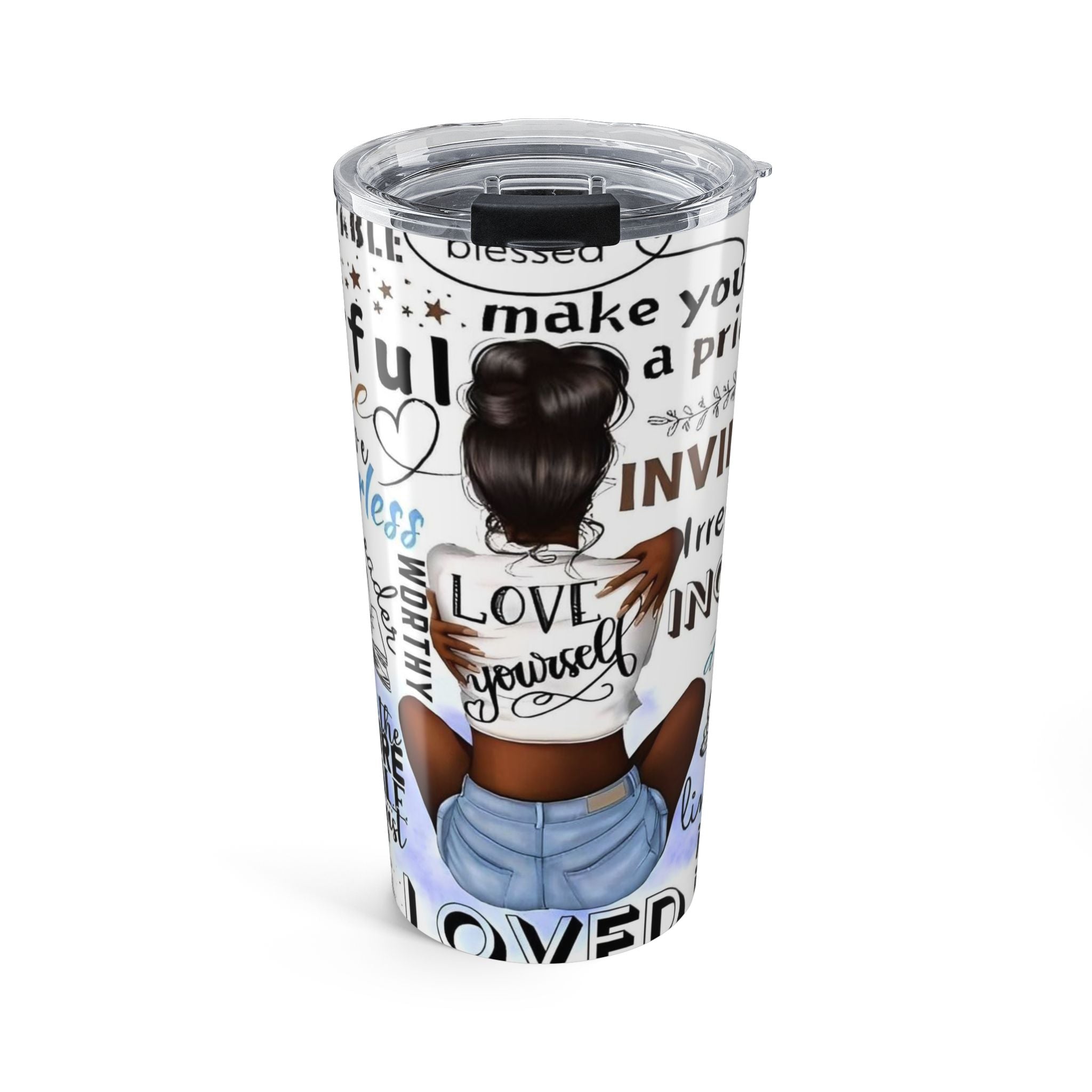 20oz Inspirational Afro Woman Tumbler — Love Yourself Motivational Travel Cup