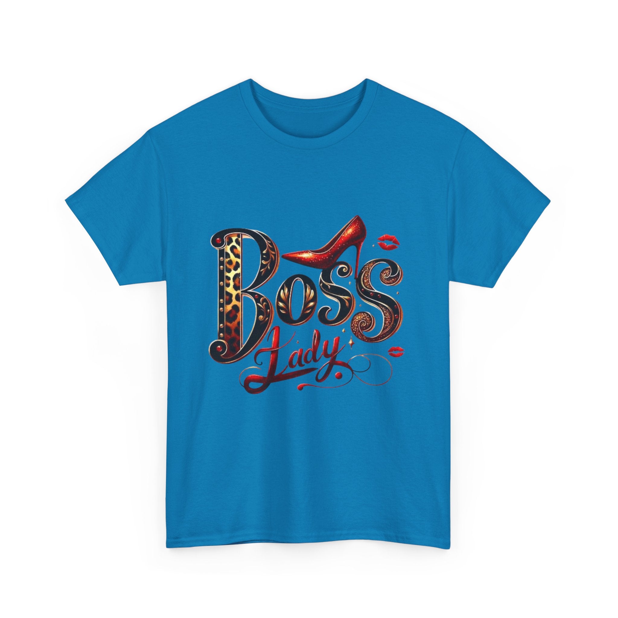 Boss Lady graphic Tee | Leopard print script, red stiletto, lips