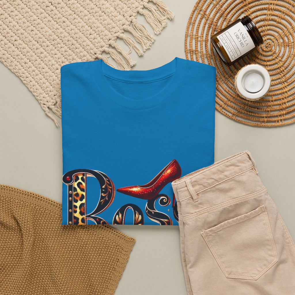 Boss Lady graphic Tee | Leopard print script, red stiletto, lips