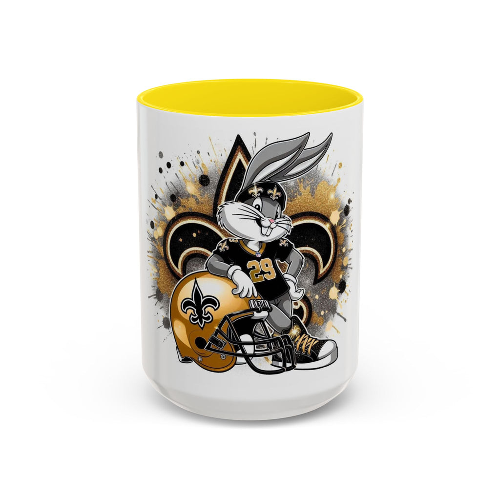 Football Bunny Fan Coffee Mug — Black & Gold Accent 11/15oz