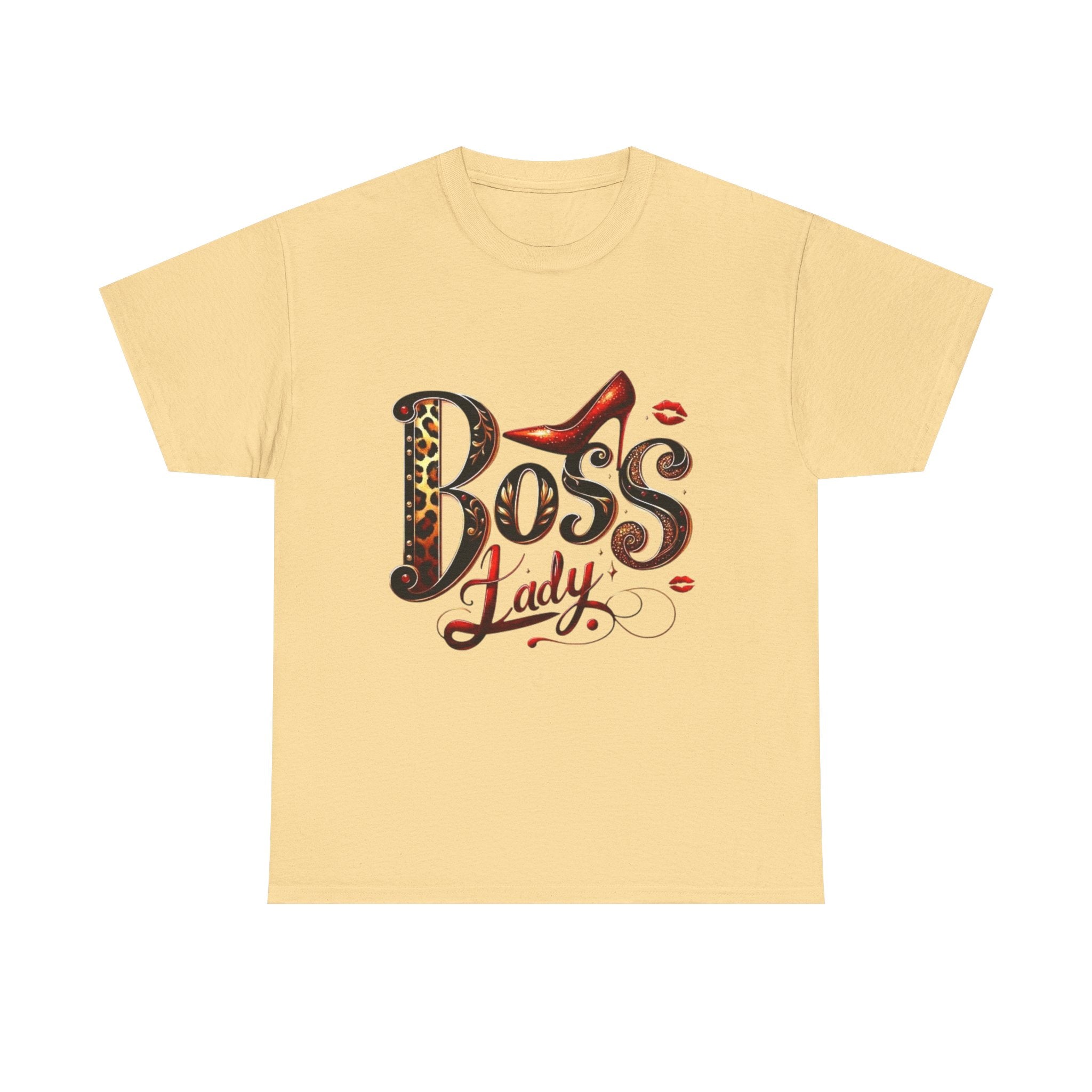 Boss Lady graphic Tee | Leopard print script, red stiletto, lips