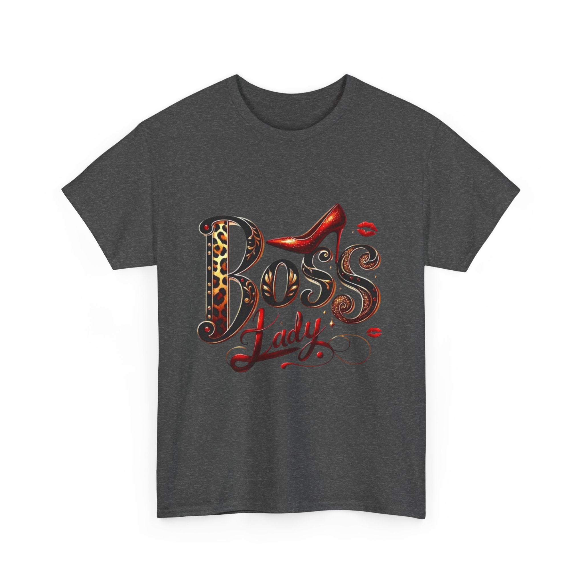 Boss Lady graphic Tee | Leopard print script, red stiletto, lips