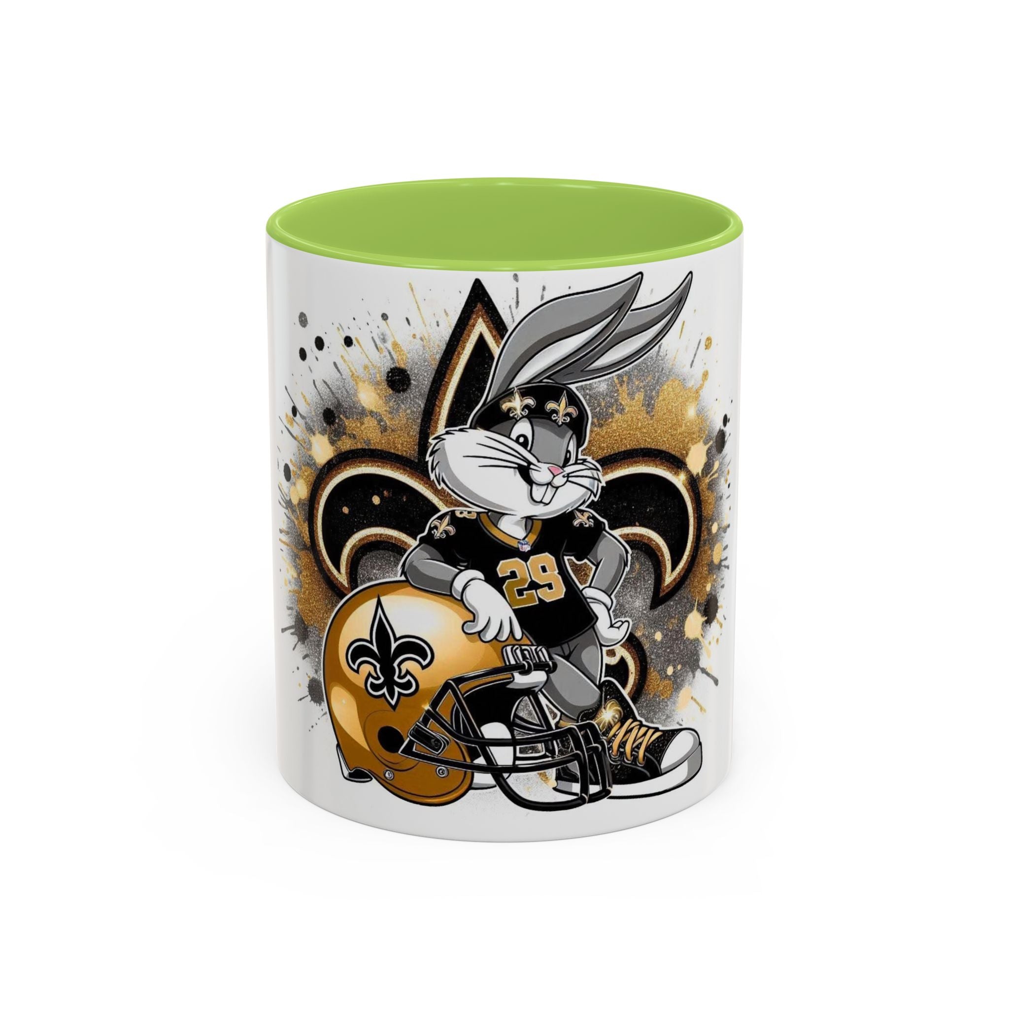 Football Bunny Fan Coffee Mug — Black & Gold Accent 11/15oz