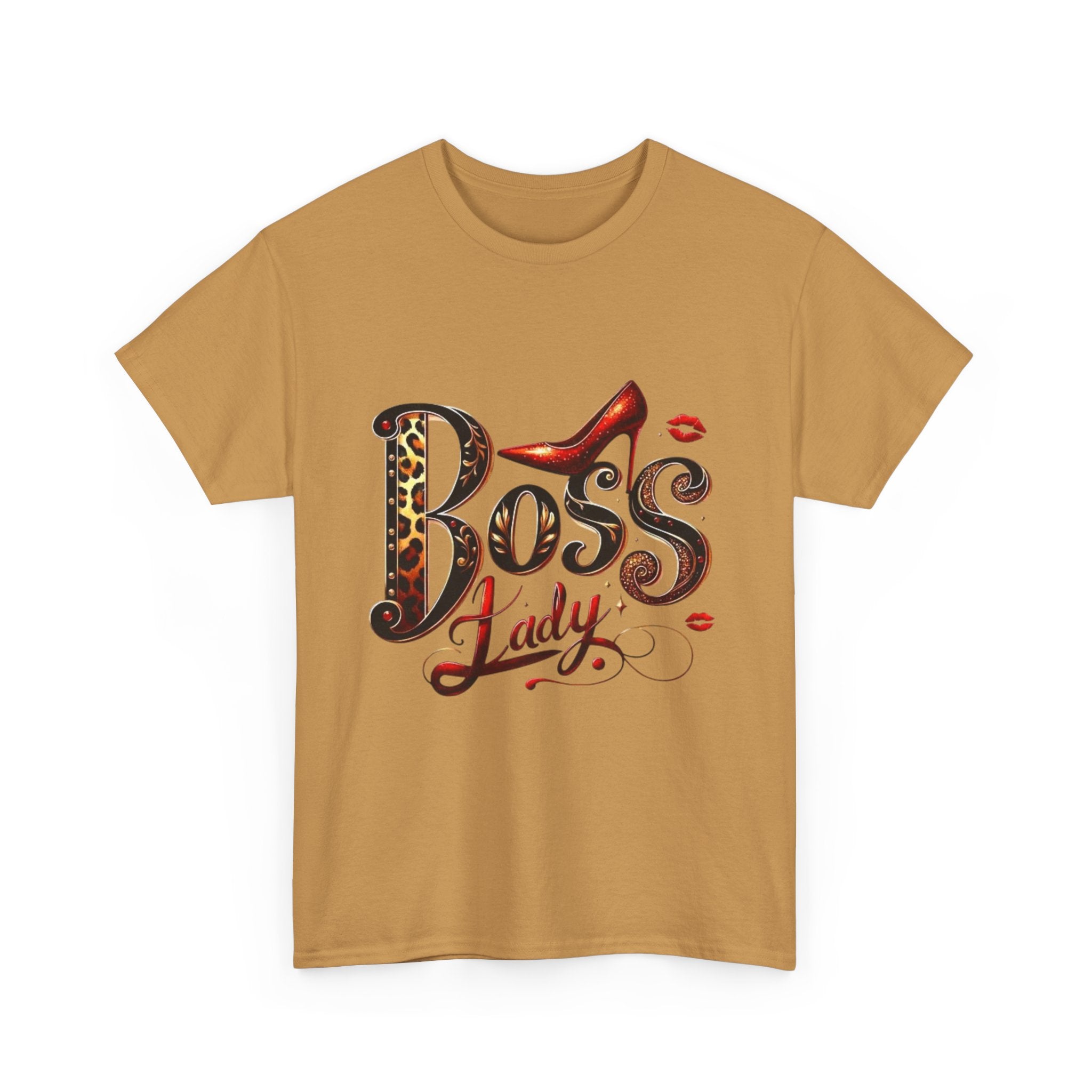 Boss Lady graphic Tee | Leopard print script, red stiletto, lips