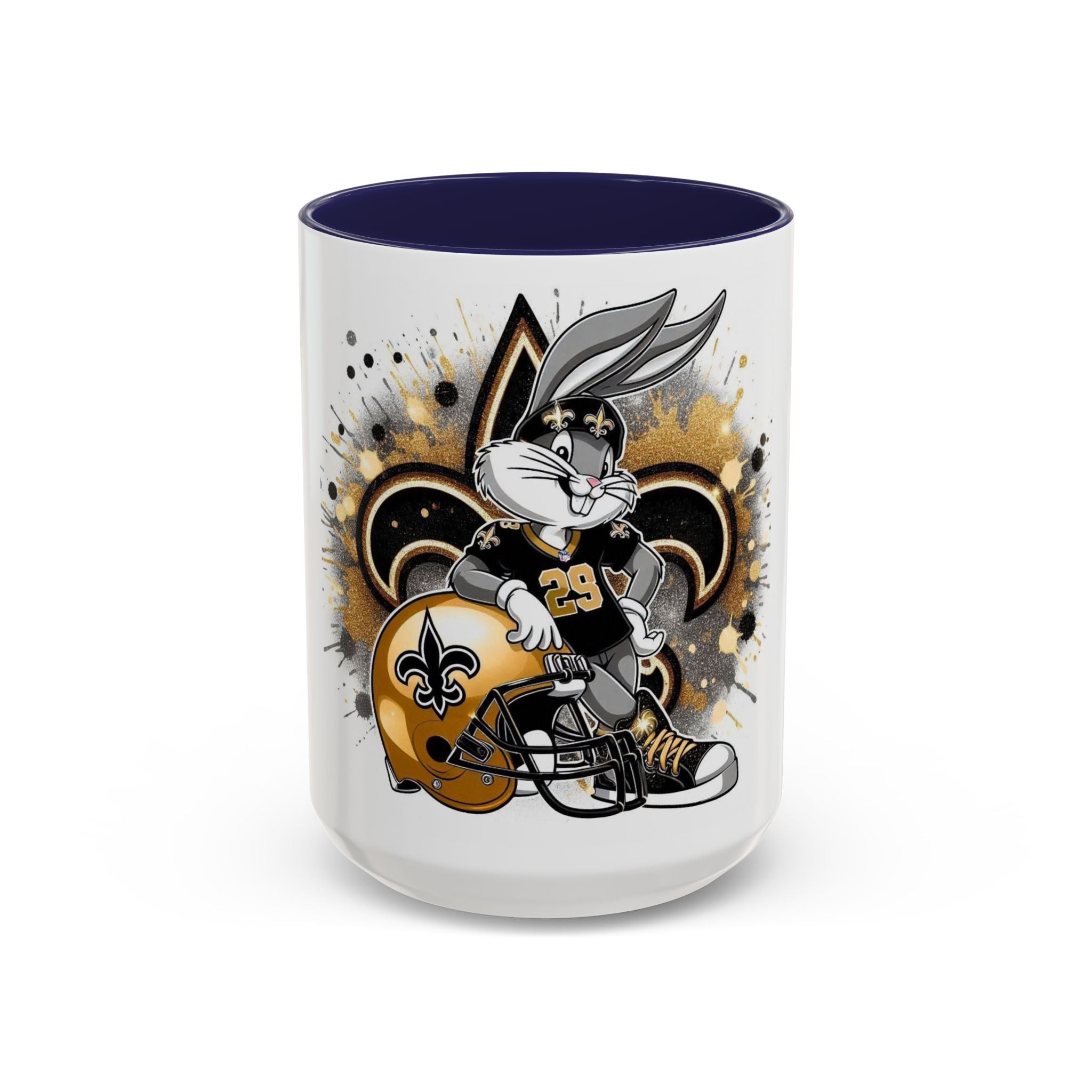 Football Bunny Fan Coffee Mug — Black & Gold Accent 11/15oz
