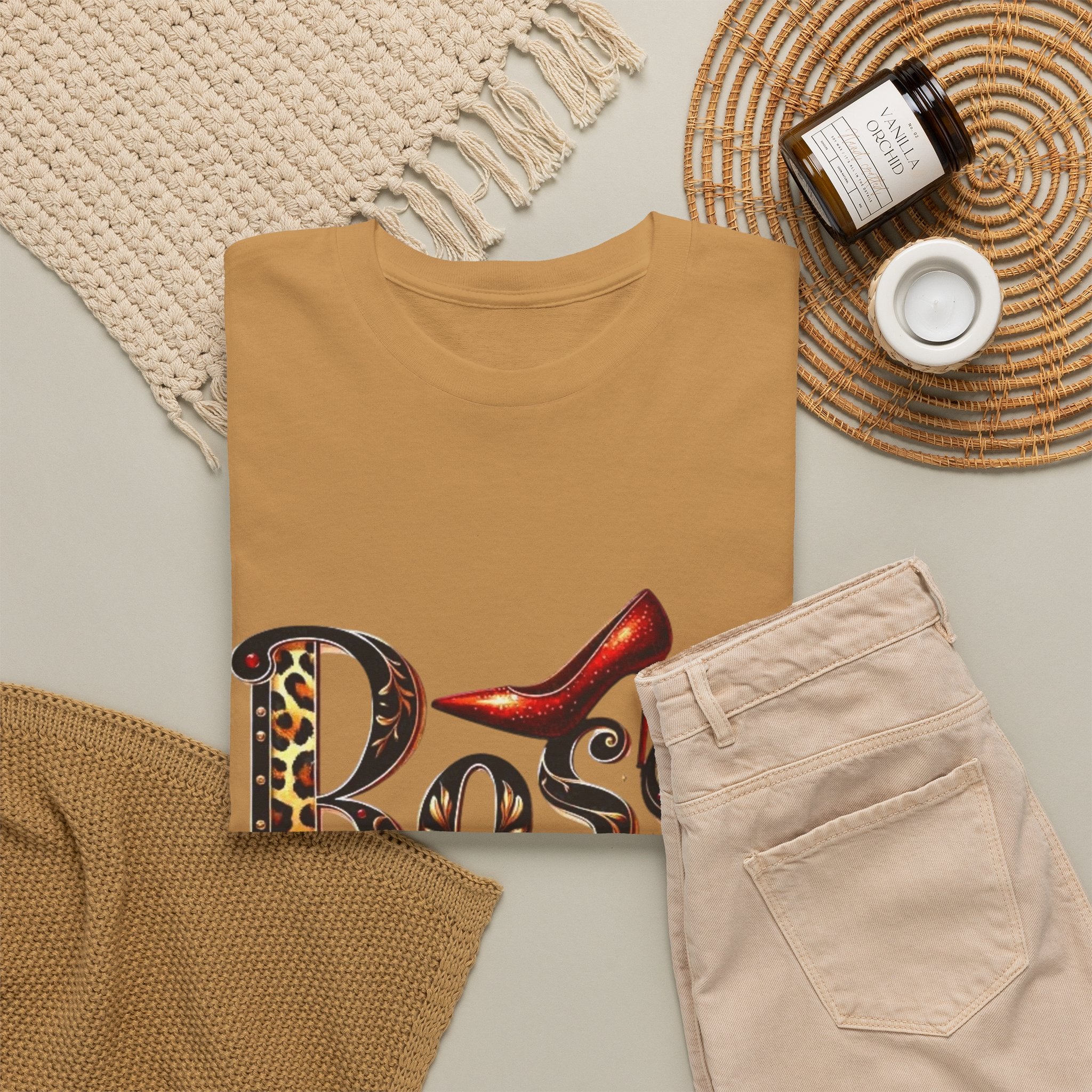 Boss Lady graphic Tee | Leopard print script, red stiletto, lips